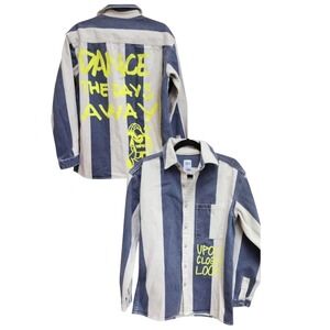 ZARA Relaxed Fit Striped Denim Shirt jacket Mens Sm "Dance The Days Away" button
